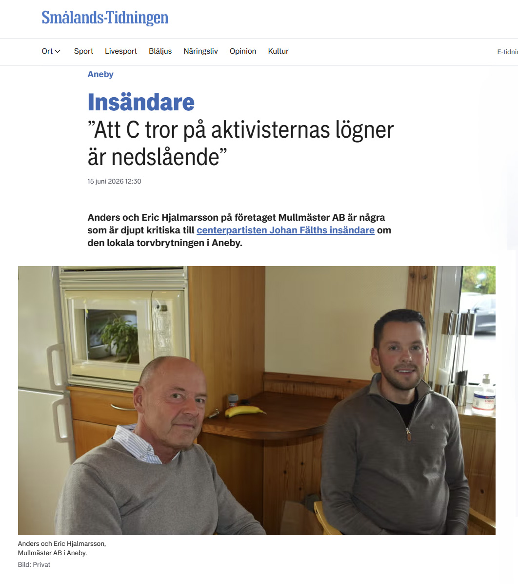 Insändare i Smålands-Tidningen, Anders och Eric Hjalmarsson, Mullmäster AB i Aneby.