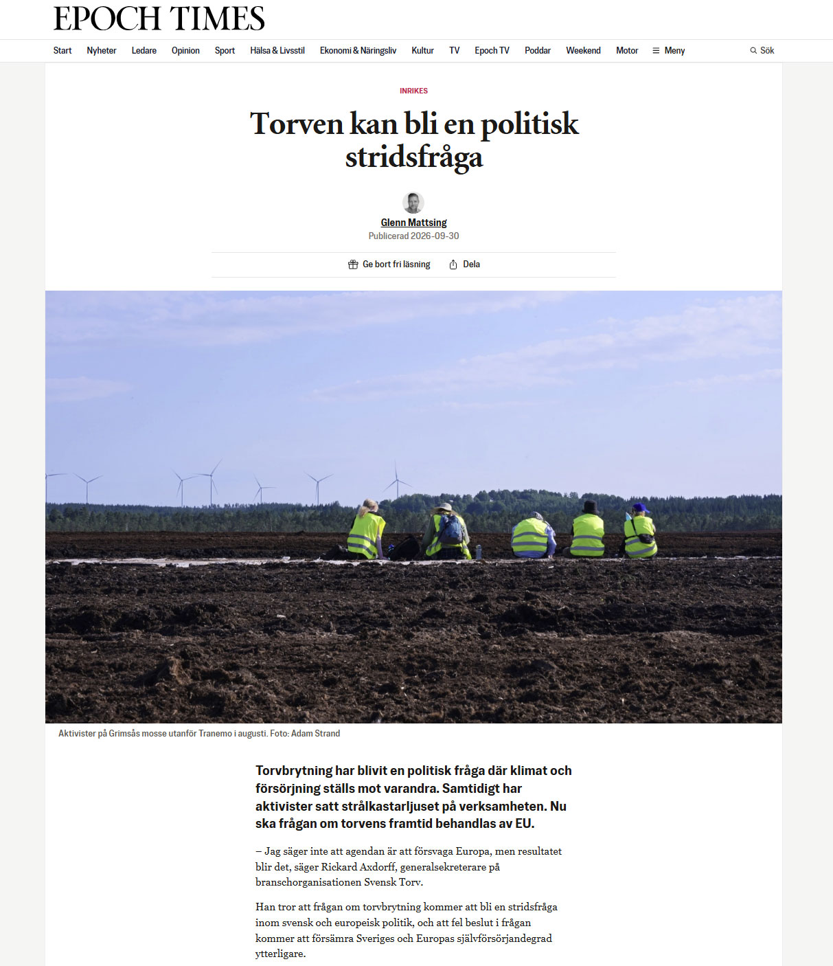 EpochTimes 260930: Torven kan bli en politisk stridsfråga